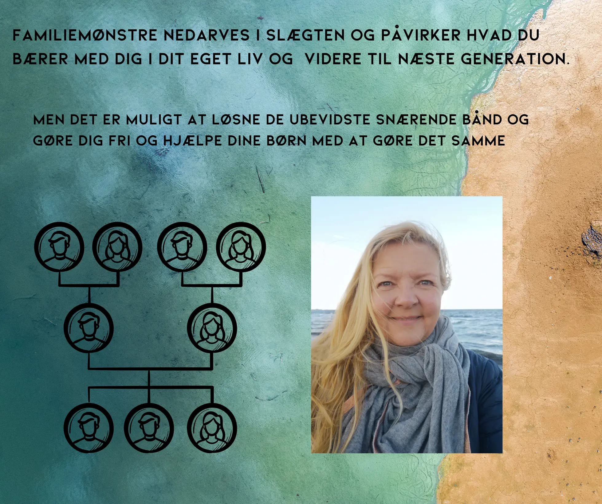 Familie mønstre<br />
Familiemønstre nedarves i slægten og påvirker hvad du bærer med dig i dit eget liv og  videre til næste generation.<br />
Men det er muligt at løsne de ubevidste snærende bånd og gøre dig fri og hjælpe dine børn med at gøre det samme 